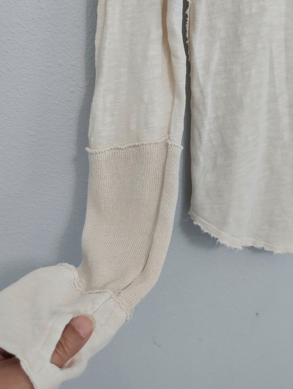 We The Free Cotton Ivory Long Sleeve Knit Henley Top Distressed Edges Small - Picture 5 of 12